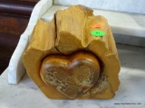 (R1) WOOD CARVED TRINKET BOX WITH SLIDE OUT HEART SHAPED COMPARTMENT.