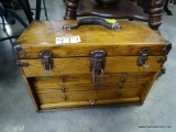 (R1) ANTIQUE OAK MACHINIST TOOL CHEST. THIS VERY COLLECTIBLE BOX HAS BEEN STRIPPED, REFINISHED AND