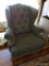 (LR) LARGE MAHOGANY QUEEN ANNE UPHOLSTERED WING CHAIR: 38