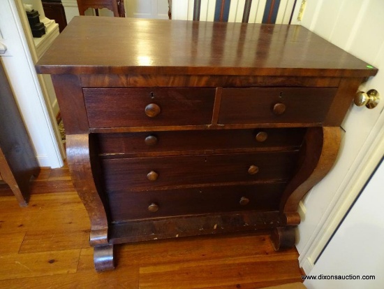(KIT) ANTIQUE EMPIRE 2 OVER 3 DRAWER CHEST WITH SCROLL LEGS. THIS PIECE IS IN EXCELLENT CONDITION
