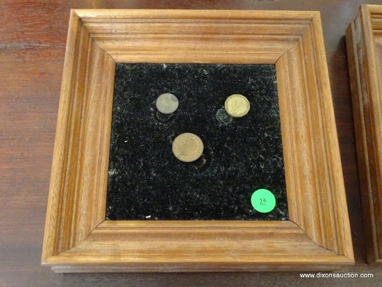 (KIT) 3 FRAMED COINS ON FELT (COINS ARE LOOSE!) IN OAK SHADOW BOX FRAME: 8.5"x8.5"