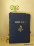 (LR) MASTER MASON EDITION OF THE HOLY BIBLE. HAS THE FREEMASON EMBLEM ON THE SPINE AND COVER.