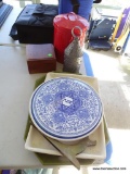 (PORCH) MISC. LOT: RED 2 HANDLED TRASH CAN. BRASS PICTURE STAND. STAR OF DAVID CAKE PLATE.