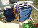 (PORCH) LOT OF 5 FOLDING BEACH CHAIRS. INCLUDES A PAIR OF BLEACHER BACK STADIUM SEATS.