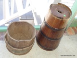 (PORCH) BUTTER CHURN (MISSING THE DASHER). INCLUDES 2 ANTIQUE WOODEN BUCKETS