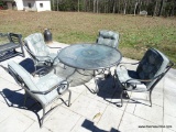 (OUT) PLEXIGLASS AND ALUMINUM OUTDOOR PATIO TABLE WITH 4 CHAIRS. HAS LAZY SUSAN IN THE CENTER OF THE