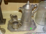 (KIT) PEWTER COFFEE SET: COFFEE POT. CREAM AND SUGAR. CARRYING TRAY.