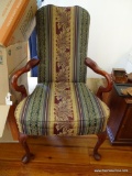 (LR) MAHOGANY QUEEN ANNE UPHOLSTERED ARMCHAIR: 27