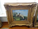 (LR) FRAMED OIL ON CANVAS OF SHEEP BY JANITH IN GOLD GILT FRAME: 17.5