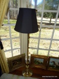 (LR) BRASS FLOOR LAMP WITH MOVEABLE ARM. HAS SHADE AND FINIAL: 11