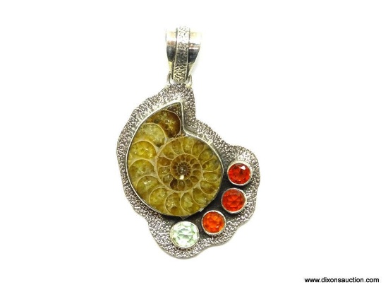 .925 STERLING SILVER 2 1/8'' LARGE AMAZING NATURAL AMMONITE DESIGNER FOSSIL PENDANT WITH GARNET AND