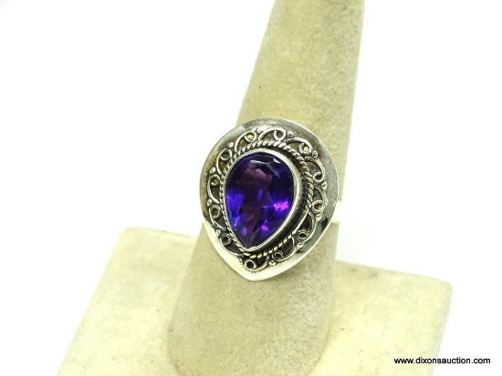 .925 STERLING SILVER LARGE FACETED AFRICAN DARK AMETHYST PEAR SHAPE **A LOT OF DETAIL!** RING SIZE 8