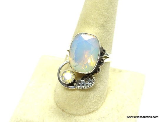 .925 STERLING SILVER LARGE FACETED EMERALD CUT OPALITE 2 STONE RING SIZE 9 (RETAIL $59.00)
