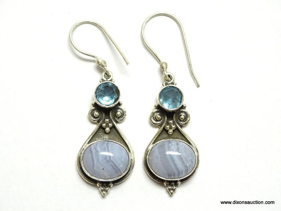 .925 STERLING SILVER 1.75'' GORGEOUS BLUE LACE AND BLUE TOPAZ ACCENT EARRINGS