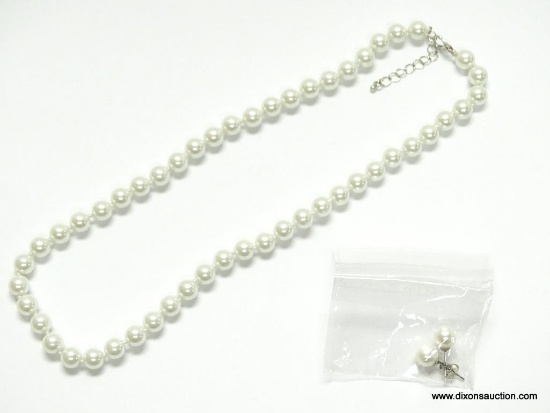 .925 STERLING SILVER GORGEOUS 18'' WHITE SEA SHELL 8MM PEARL NECKLACE WITH MATCHING EARRINGS (RETAIL