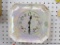 GERMAN WHITE PLATE WALL CLOCK WITH 8-DAY TIME. IS MISSING 2 TEETH. MEASURES 9