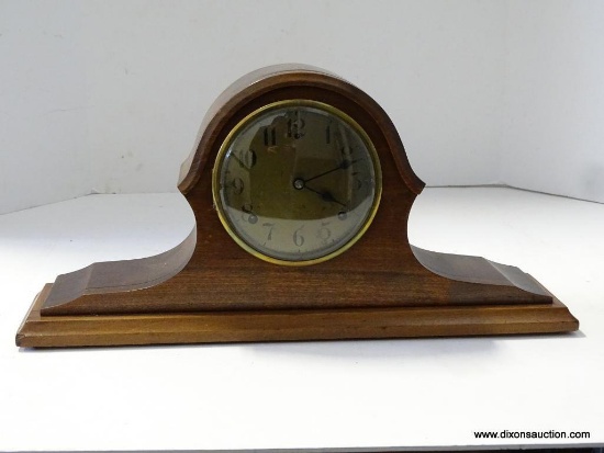 WM. GILBERT TAMBOUR 8 DAY MANTLE CLOCK WITH TIME AND STRIKE. 10'' TALL 20'' WIDE RETAIL PRICE $325