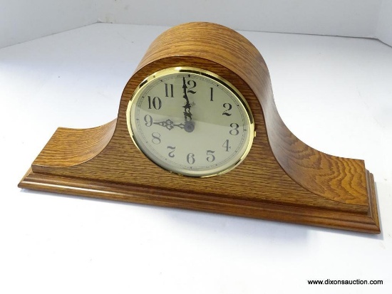 SLIGH "WAYLAND" TAMBOUR OAK QUARTZ MANTLE CLOCK WITH CHIME 9'' TALL 19.75'' WIDE. RETAIL PRICE $343