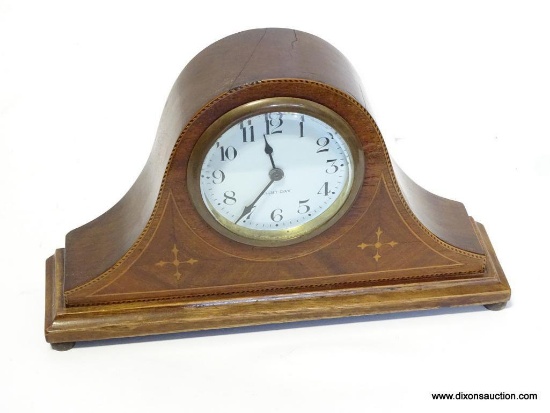 MINI TAMBOUR 8 DAY INLAID CLOCK WITH TIME. MEASURES 6.75"T X 11"W RETAIL PRICE $300.
