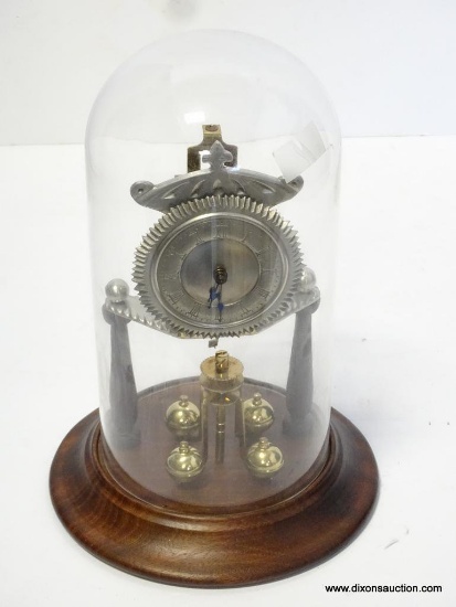 PEWTER 400 DAY ANNIVERSARY CLOCK UNDER DOME WITH A WOODEN BASE. MEASURES 12"T X 8"W