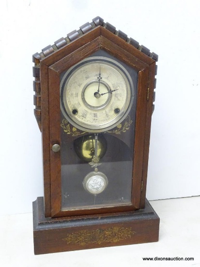 WM GILBERT 8 DAY BELL STRIKE SHELF CLOCK WITH TIME. MEASURES 17.25"T X 9.75"W RETAIL PRICE $425