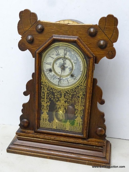 OAK NEW HAVEN 8 DAY KITCHEN CLOCK WITH TIME AND STRIKE. TOP PART OF CLOCK IS NOT ATTACHED BUT IS