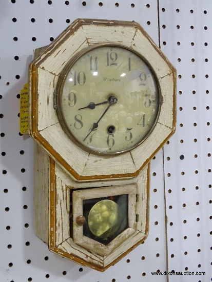 WATERBURY MINI SCHOOL HOUSE 8-DAY CLOCK WITH TIME ONLY. HAS ORIGINAL PAINT. MEASURES 17.5"T X 10.5"W