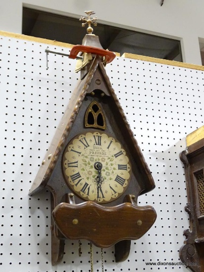WALL CLOCK WITH QUOTE "HARK WHAT'S THE CRY PREPARE TO MEET THY GOD, TODAY" MEASURES 32"T X 13.5"W
