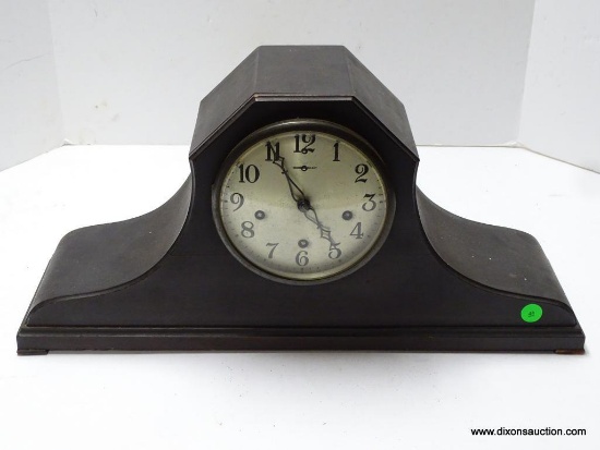 NEW HAVEN MAHOGANY TAMBOUR 8-DAY MOVEMENT CLOCK WITH TIME STRIKE AND CHIME. MEASURES 9.5" T X 20.5"