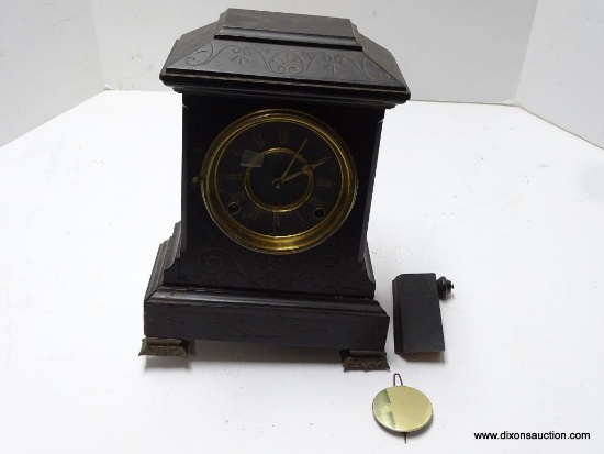 KROEBER ( NEW YORK) BLACK NO. 2 SHELF CLOCK WITH DECORATIVE LINE ENGRAVING. 8-DAY MOVEMENT WITH T /