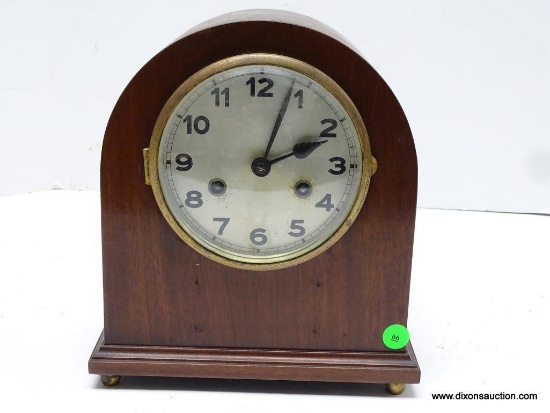A.T.R. MAHOGANY MANTEL CLOCK.8-DAY MOVEMENT, T S. MEASURES 11" T X 9.25" W. RETAIL PRICE $275.
