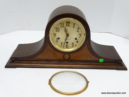 SETH THOMAS TWO-TONE TAMBOUR MANTLE CLOCK. THIS CLOCK NEEDS THE FRONT DOOR BRACKET AND GLASS