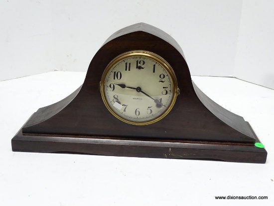 WILLIAM GILBERT TAMBOUR MANTLE CLOCK. 8-DAY MOVEMENT, T / S. MEASURES 10" T X 20.25" W. RETAIL $295.