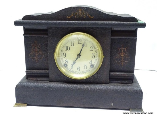 SESSIONS BROWN 8-DAY MANTLE CLOCK WITH T/S. MEASURES 12"T X 15.5"W. RETAIL PRICE $335.