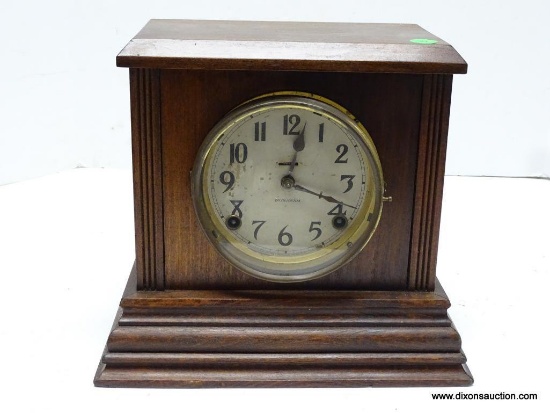 INGRAHAM MANTEL CLOCK WITH 8-DAY MOVEMENT, T / S. MEASURES 10" T X 11.25" W. RETAIL PRICE $295.