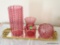 (1ST FLR BR) LOT OF 3 PINK GLASS ITEMS: 2 VASES AND A PINWHEEL PATTERN MINT DISH. INCLUDES A