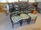 (KIT) 6 BLACK AND TOLE PAINTED RUSH-BOTTOM LADDER BACK SIDE CHAIRS. ALL IN EXCELLENT CONDITION: