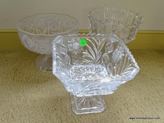 (DR) 3 FOOTED COMPOTE LOT: CUT CRYSTAL FOOTED COMPOTE IN FLORAL PATTERN: 7.5"x7.5"x7". PRESSED GLASS