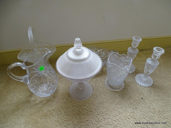 (DR) MISC. LOT: CRYSTAL WATER PITCHER. PAIR OF 8" TALL PRESSED GLASS CANDLESTICK HOLDERS. PRESSED