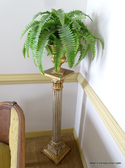 (DR) GOLD AND WHITE PAINTED COLUMN SHAPED PLANT STAND: 8"x8"x37" WITH A GOLD PAINTED URN WITH