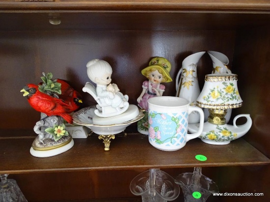 (SUNROOM) SHELF LOT OF #36: 2 CARDINAL FIGURINES. MOTHER YOU'RE SPECIAL COFFEE MUG. CERAMIC FIGURE