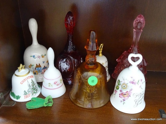 (SUNROOM) LOT OF BELLS: 1 IS AMBER DEPRESSION GLASS. 1 IS CHRISTMAS 1977. 1 "FOR A DEAR