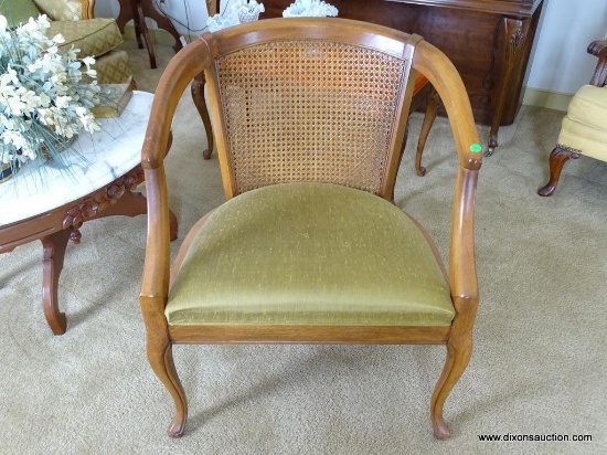 (SUNROOM) 1 OF A PAIR OF FRENCH QUEEN ANNE, UPHOLSTERED, AND CANE BACK ARMCHAIRS: 25"x25"x29".