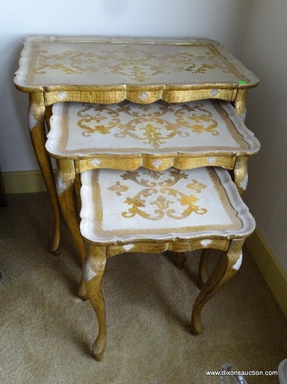 (DR) SET OF 3 GOLD PAINTED QUEEN ANNE NESTING TABLES. THE LARGEST MEASURES: 22.5"x14.5"x22" AND THE