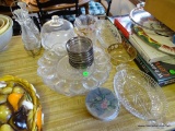 (KIT) LOT OF MISC.: EGG PLATE. PIE PLATE. VINEGAR CRUETS WITH SILVER PLATE CADDY. CHEESE DOME WITH