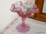 (1ST FLR BR) FENTON PINK RUFFLED EDGE AND FOOTED COMPOTE WITH ROSE PATTERN: 6