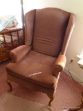 (1ST FLR BR) MAHOGANY QUEEN ANNE WING CHAIR. PLEASE SEE PICTURES OR PREVIEW FOR DETAILS: 28