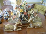 (DR) MISC. LOT: 2 GOLD PAINTED DEER. DINING TABLE COVERLET. FLORAL ARRANGEMENT IN BRASS PLANTER.