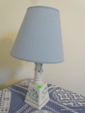 (2ND FLR BACK BR) WHITE AND BLUE FLOWER PAINTED PORCELAIN LAMP WITH SHADE: 9