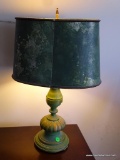 (2ND FLR MASTER BR) GREEN PAINTED LAMP WITH GREEN SHADE. HAS FINIAL: 13